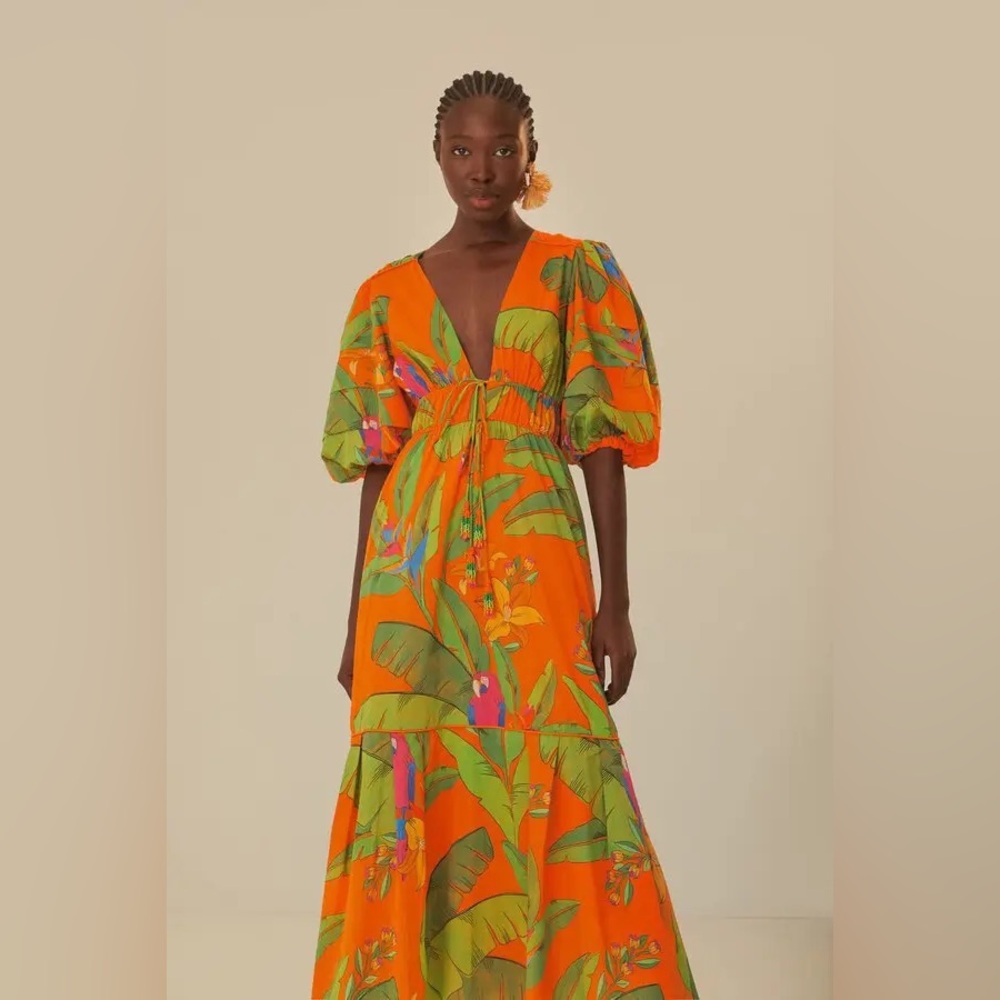 FARM Rio Orange and Green Tropical Maxi Dress NWT